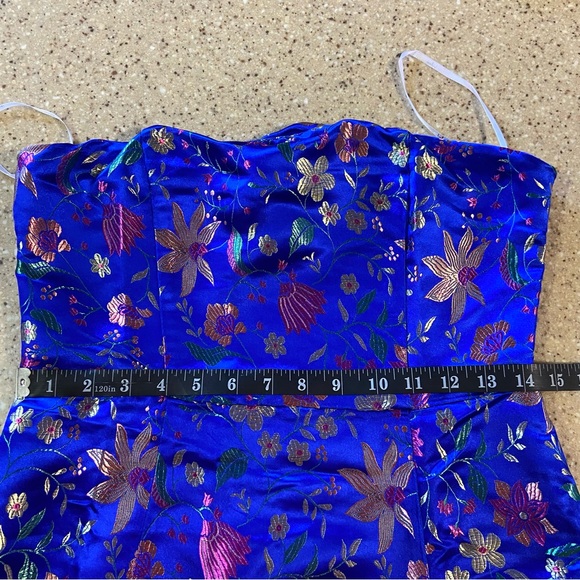 NWOT Lulus Make a Move Blue Satin Floral Jacquard Strapless Midi Dress - Picture 12 of 15